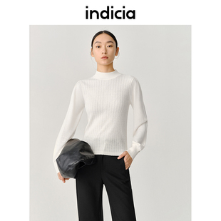 indicia羊毛针织衫半高领，修身黑白色打底衫，秋季商场同款标记女装