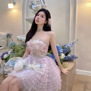 Lydiaxu 原创生日仙女裙粉紫色裹胸立体花设计师质感公主裙连衣裙