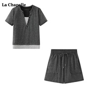 拉夏贝尔/La Chapelle假两件短袖t恤短裤两件套女夏时尚套装