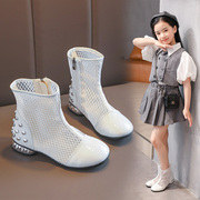 女童靴子凉鞋儿童短靴，2022夏季镂空中筒靴，薄款小女孩公主网靴