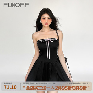 funoff法式宫廷蝴蝶结绑带，黑色抹胸连衣裙，2024女夏季a字短裙