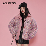 lacrawfish甜美小香风粗花呢，pu皮拼接绵羊毛夹棉加厚外套棉服