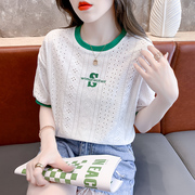 撞色圆领短袖T恤女2023夏季韩版宽松蕾丝镂空白色体恤上衣