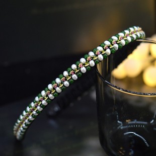 百搭淡水珍珠串珠发箍 原创设计宽边细头箍 祖母绿日常压发卡