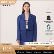 SJYP韩国小众设计翻领单排扣羊毛短款藏蓝色西装高级感上衣外套女