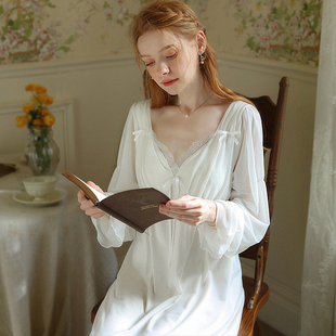 法式白色睡裙女2023年春夏天纯棉复古宫廷，宽松长款睡衣带胸垫