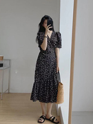 韩国24夏季高级感长裙V领收腰显瘦裙子泡泡袖碎花连衣裙