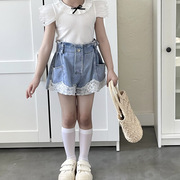 一年级 女童夏季韩版高腰牛仔短裤 女宝宝甜美蕾丝花边热裤短裤