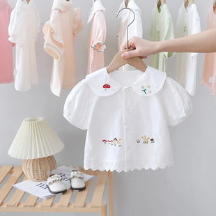 婴儿夏装衣服女童翻领短袖，衬衫儿童蕾丝，娃娃衫薄款女宝宝上衣宽松