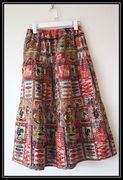 秋季民族风原创棉麻，活性印花方形花纹，拼接长裙亚麻松紧腰半身裙