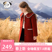 女童夹棉毛呢大衣2023冬季红色，加厚单面呢上衣中大童外套洋气