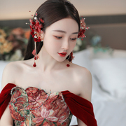 新娘礼服头饰韩式超仙美酒，红色花朵耳挂森系甜美头花敬酒服配饰品