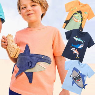 鲨鱼图案童装纯棉儿童短袖T恤立体角鳄鱼帆船河豚海洋男女宝衣服