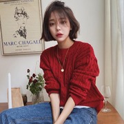 韩国chic秋冬少女感酒红色显白复古麻花纹圆领套头毛衣打底针织衫