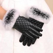 秋冬季女士pu皮手套兔毛口触屏手套可爱开车御寒加绒保暖皮手套