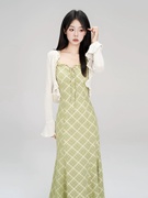 一颗小野莓法式吊带连衣裙，女夏季韩系时尚，气质百搭格子显瘦长裙子