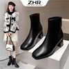 ZHR 高跟短靴女2024冬季款加绒复古英伦风粗跟短靴休闲百搭女靴
