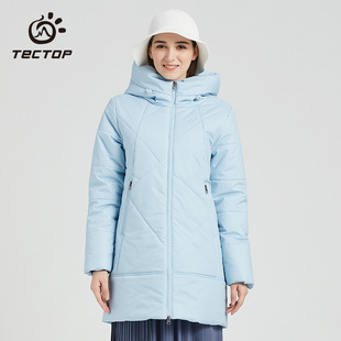 tectop探拓户外女士款冬季防风加厚保暖棉服，连帽外套中长款棉衣