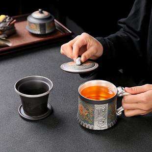 999纯银水杯紫砂鎏银个人办公杯陶瓷茶杯过滤内胆带盖茶叶罐礼盒