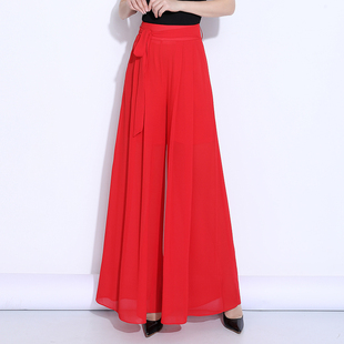 红色雪纺裙裤女夏季薄款2024垂感高个子(高个子，)宽松阔腿裤飘逸长裤子