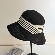 黑色遮阳草帽女夏季时尚百搭条纹防紫外线太阳帽出游拍照折叠凉帽