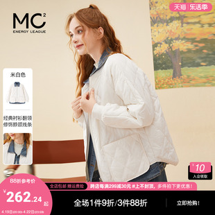 mc2白色加绒厚外套女秋冬牛仔翻领拼接假两件仿兔绒内里短款