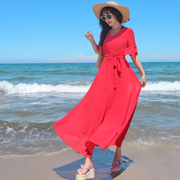 红色雪纺中袖连衣裙波西米亚，气质海边度假长裙，海南三亚旅游沙滩裙