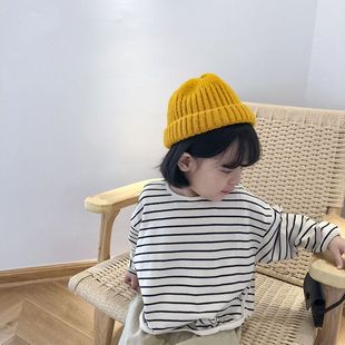 女童条纹t恤韩版春秋季3宝宝洋气长袖卫衣4岁儿童，宽松开叉打底衫