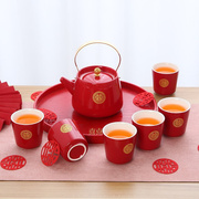 红色喜庆结婚茶具套装大号茶壶，喝茶复古中式喜庆敬茶新娘陪嫁托盘