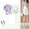 2件夏季雪纺印花薄款半袖小衫+包臀白半身裙，ol套装