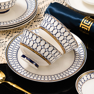 高档骨瓷碗碟盘欧式碗餐具家用防烫陶瓷高脚碗套装，汤盘米饭碗组合