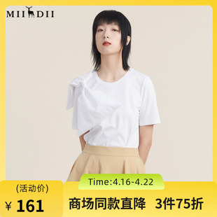 谜底短袖T恤女秋季设计感小众白色大蝴蝶结圆领上衣女装223MT1191