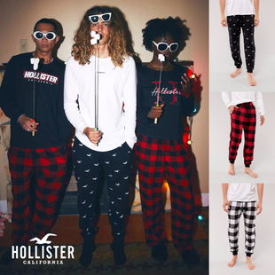 美国Hollister秋薄款家居裤男长裤卫裤格子束脚法兰绒休闲运动裤