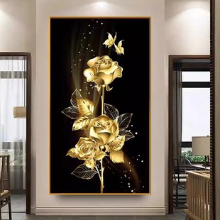 金色玫瑰十字绣2024线绣客厅，简约轻奢玄关，竖版花卉卧室手工绣