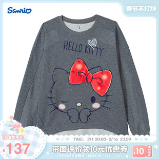 Sanrio三丽鸥HelloKitty凯蒂猫卫衣灰色蝙蝠袖宽松套头上衣长款