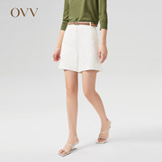 OVV春夏女装白色小牛皮腰带款高腰牛仔短裤