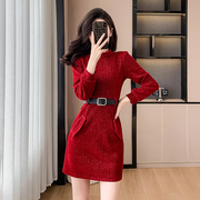 法式红色长袖雪尼尔连衣裙女秋季收腰显瘦气质打底毛衣a字裙