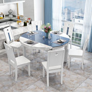 现代简约小户型钢化玻璃餐桌椅子组合家用实木饭桌可伸缩折叠餐桌