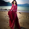 法式连衣裙新玫红色雪纺长款裙子，优雅气质收腰显瘦海边度假沙滩裙