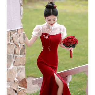 鱼尾开叉敬酒服2024新娘，结婚回门订婚礼服平时可穿红色连衣裙