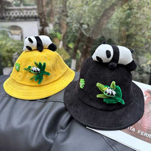 设计师动物园熊猫亲子渔夫帽，多尺寸灯芯绒儿童，遮阳帽春夏出游布帽