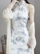 小清新旗袍2024改良国风，夏季年轻款，绝美新中式挂脖少女连衣裙