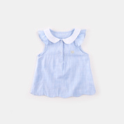 蓝色飞袖女童打底衫女宝宝无袖衬衫儿童夏装t恤衬衣上衣纯棉体恤