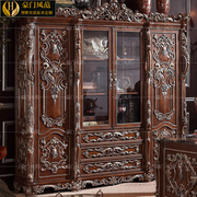 欧式实木复古四门书柜美式做旧描金，装饰柜书房展示柜高端家具定制