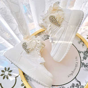小个子松糕厚底小白鞋，2024韩版蕾丝镶钻魔术，贴休闲系带高帮鞋