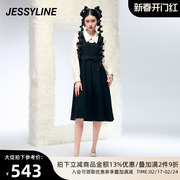 杰茜莱时尚黑色假两件蝴蝶结拼接连衣裙女装，秋裙子jessyline
