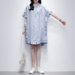 荷叶短袖衬衫裙女中长款2024夏季韩版时尚，气质宽松显瘦连衣裙