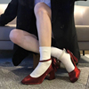 法式仙女高跟鞋粗跟复古绸缎红色婚鞋2024春季蝴蝶结方头单鞋