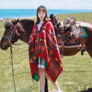 尼泊尔民族风流苏披肩斗篷，秋冬女针织开叉，连帽围巾披风西藏旅游