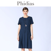 phidias2023夏天格子连衣裙，女气质法式显瘦收腰圆领，套头短袖裙子